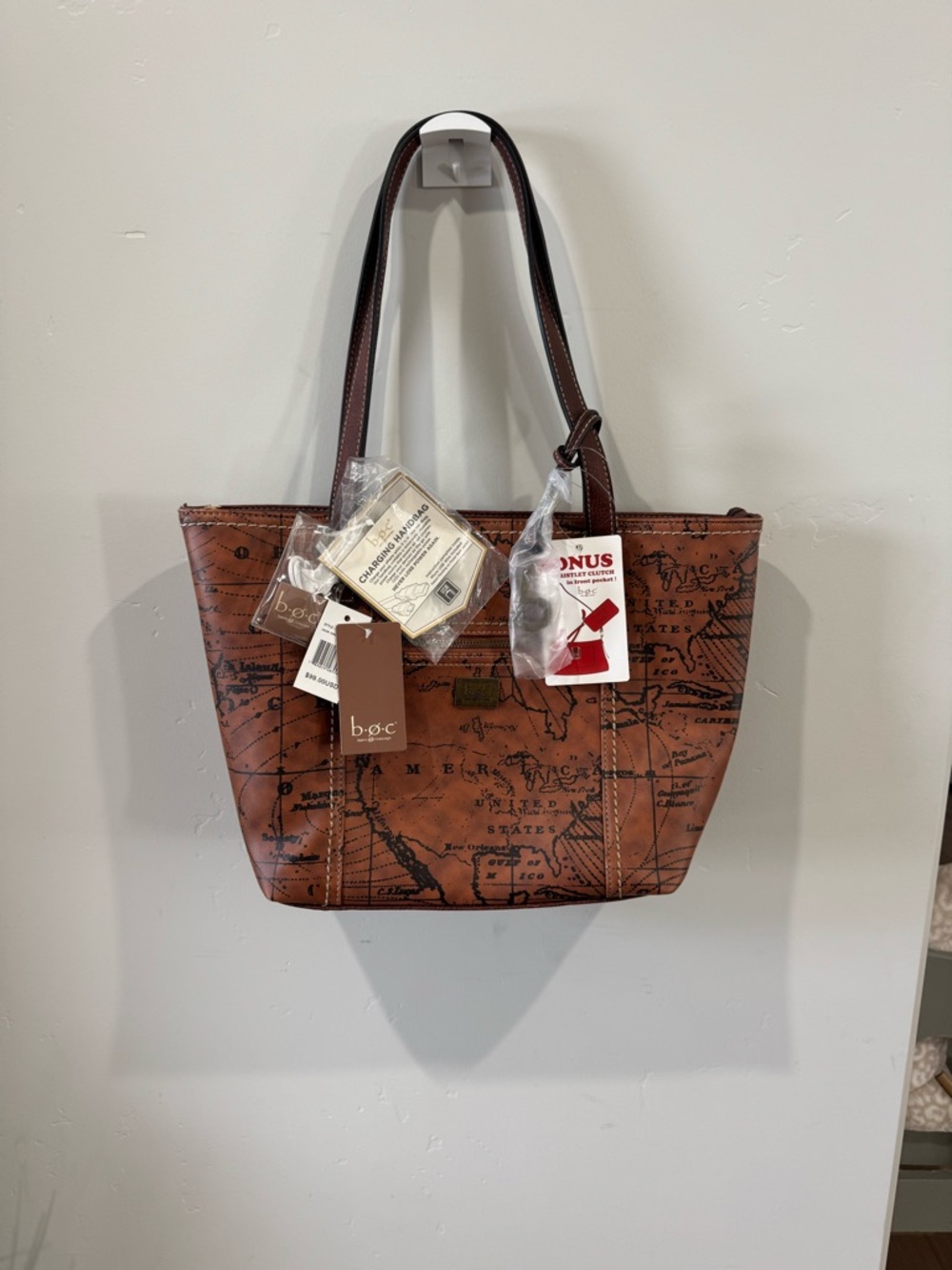b.o.c. Brown Map-Print Tote Bag with Top Handles brand new with wallet included